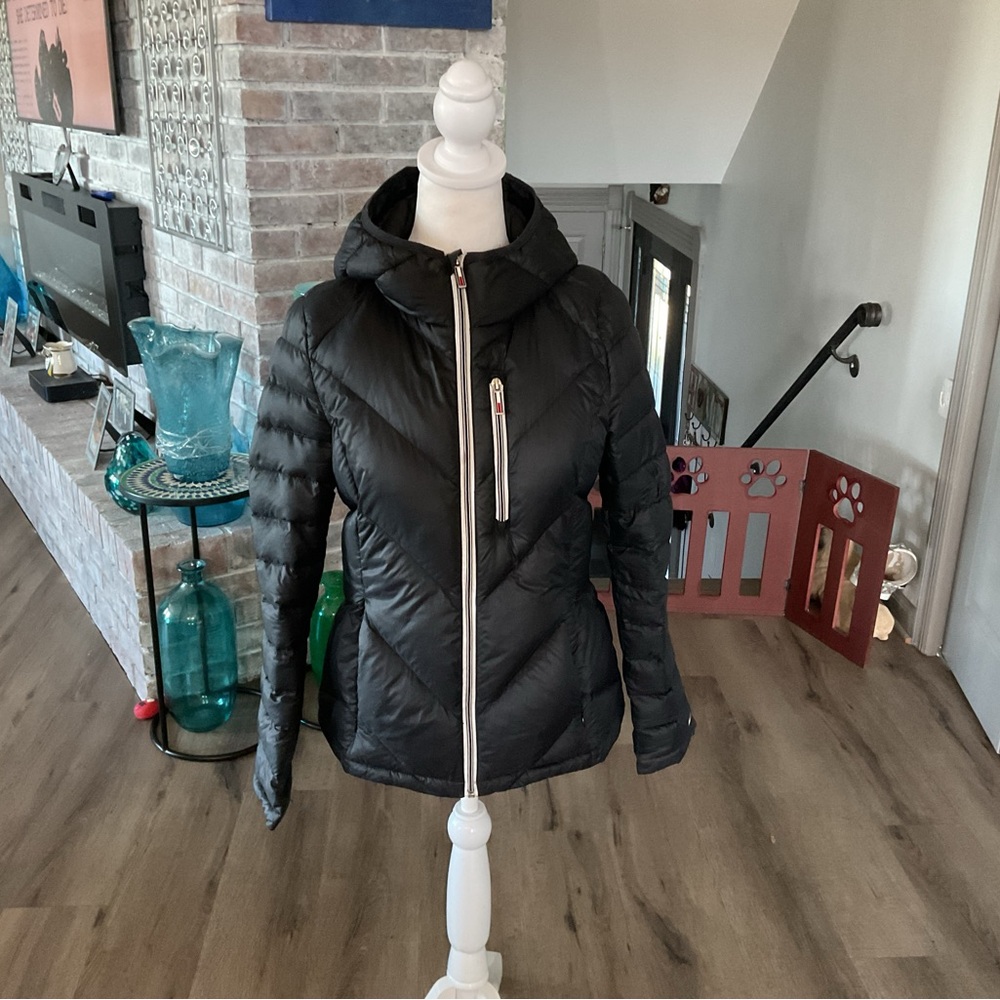 Tommy Hilfiger Black Hooded Chevron Quilted Puffer